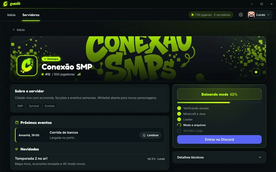 Página de um servidor no Conexão, com o progresso da instalação do modpack